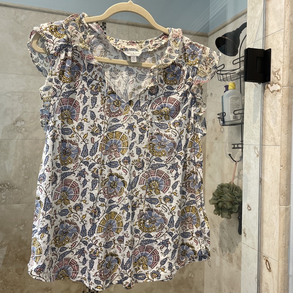 Lucky Brand Top Large White Pink Asian Fan Floral Flutter Tie V Neck Cotton